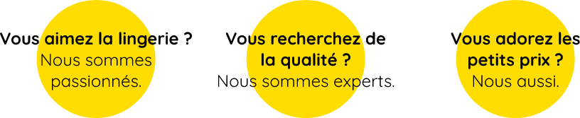 Vous aimez la lingerie ? Nous sommes passionés. Vous recherchez de la qualité ? Nous sommes experts. Vous adorez les petits prix ? Nous aussi.